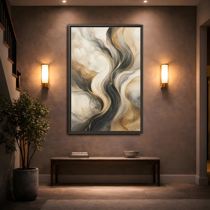 Mockup 2. Abstract Wavy Lines Gold Black Marble shown as stretched canvas wall art