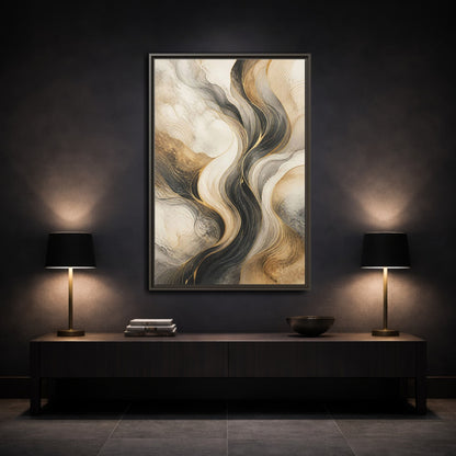Mockup 3. Abstract Wavy Lines Gold Black Marble shown as stretched canvas wall art