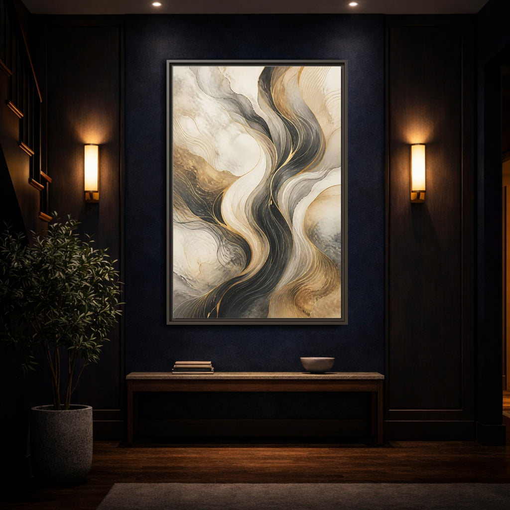 Mockup 4. Abstract Wavy Lines Gold Black Marble shown as stretched canvas wall art
