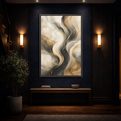 Mockup 4. Abstract Wavy Lines Gold Black Marble shown as stretched canvas wall art
