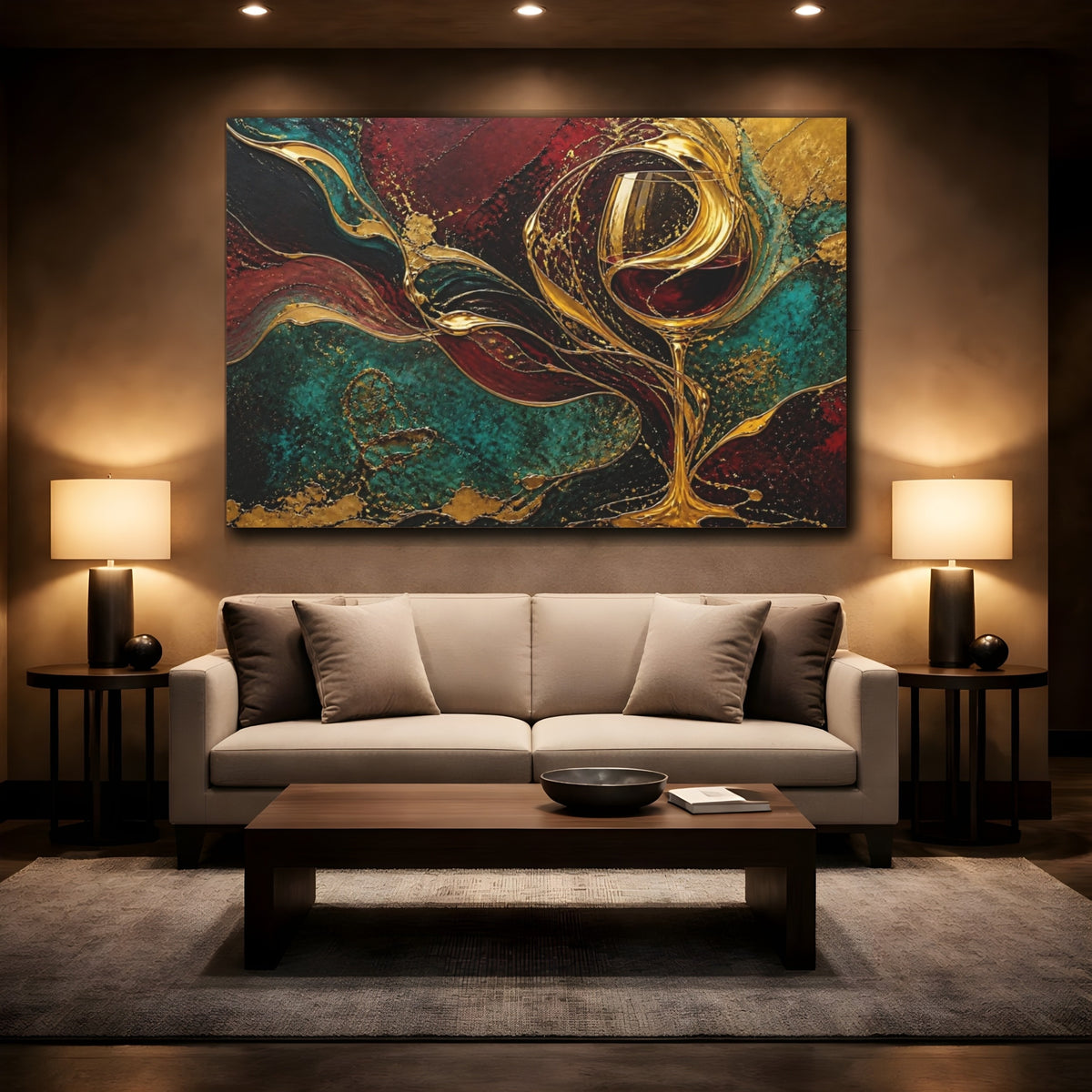 Mockup 2. Abstract Wine Glass Elegance shown as canvas print