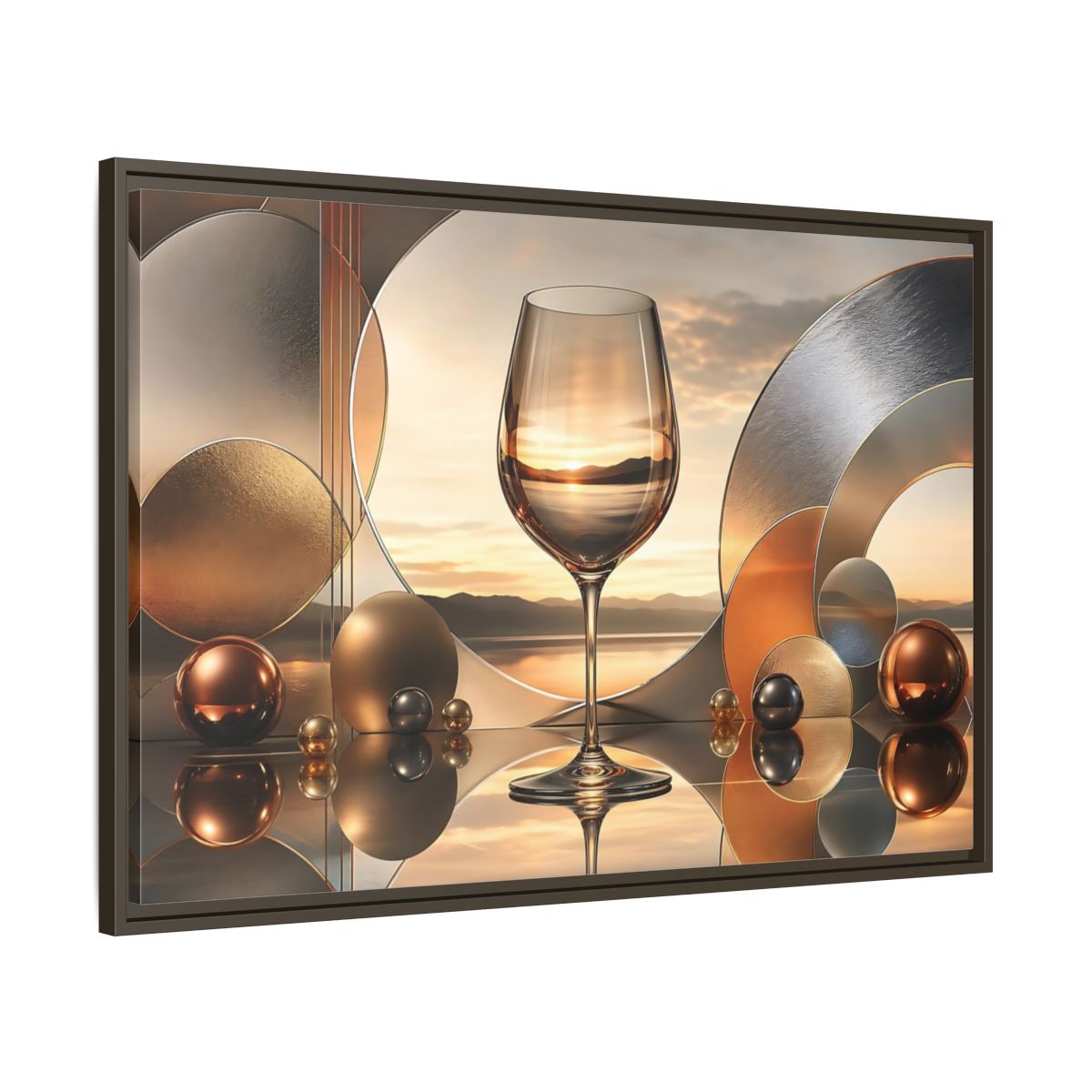Main Mockup. Abstract Wine Glass Gold And Grey Abstract shown as stretched canvas wall art