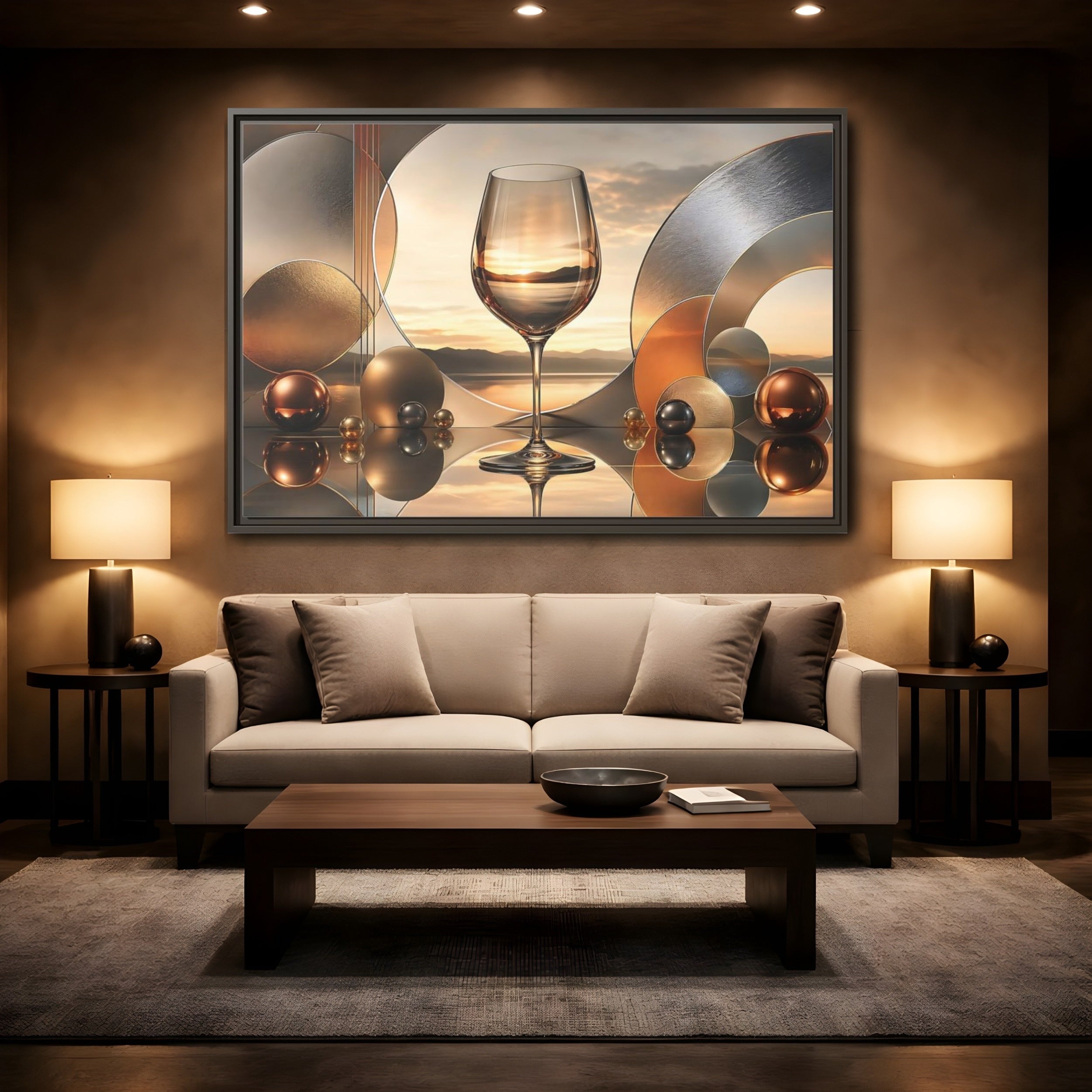 Mockup 2. Abstract Wine Glass Gold And Grey Abstract shown as stretched canvas wall art