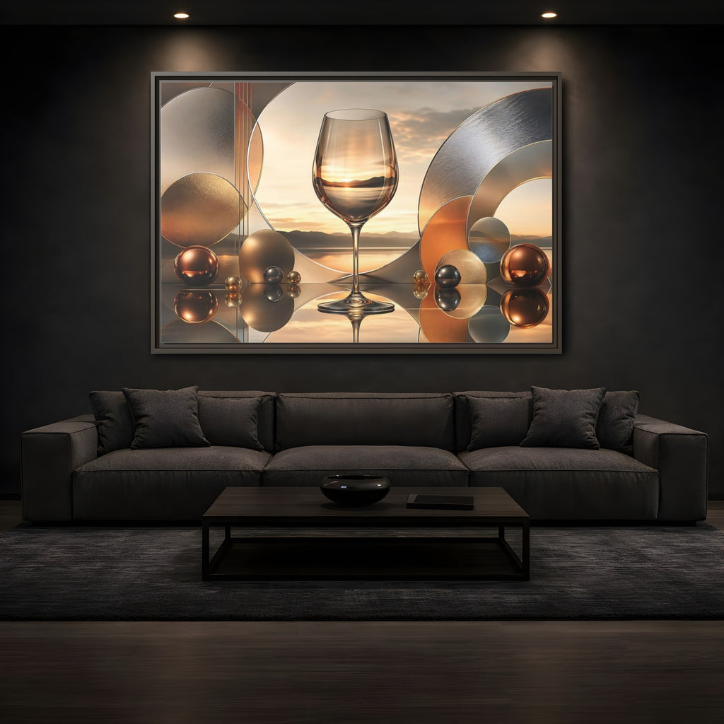 Mockup 3. Abstract Wine Glass Gold And Grey Abstract shown as stretched canvas wall art
