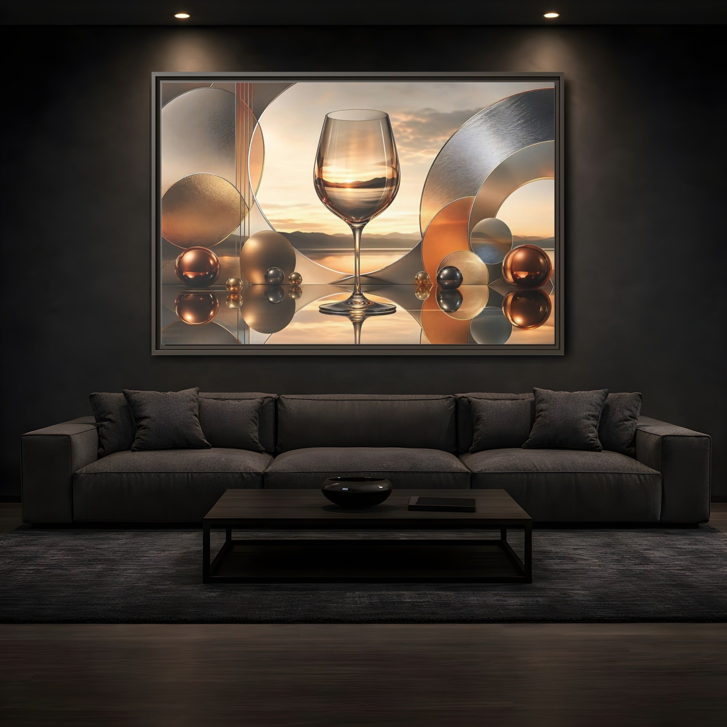 Mockup 3. Abstract Wine Glass Gold And Grey Abstract shown as stretched canvas wall art
