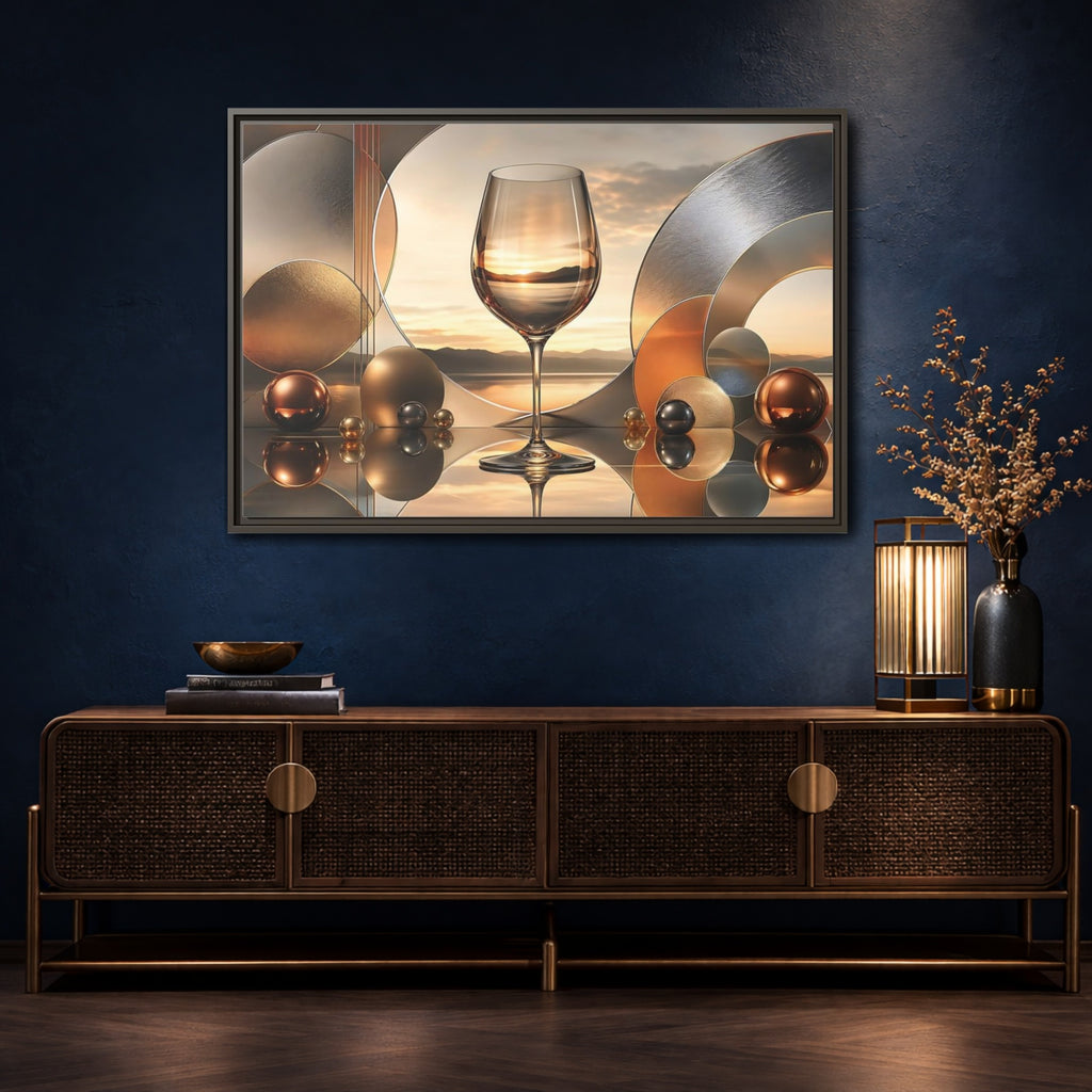Mockup 4. Abstract Wine Glass Gold And Grey Abstract shown as stretched canvas wall art