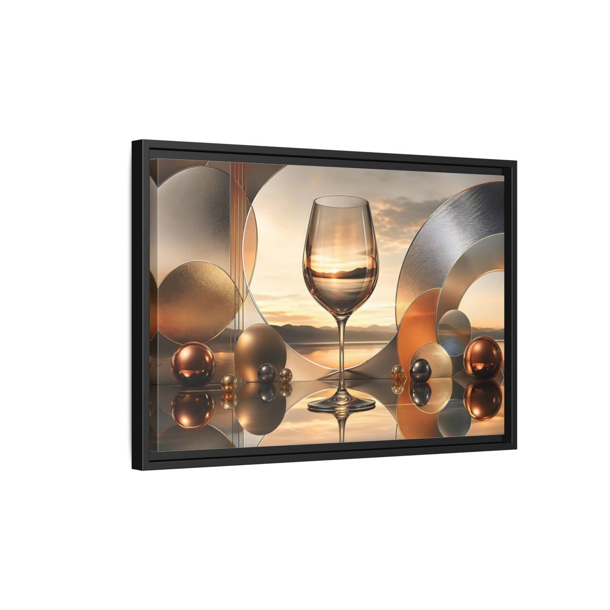 Side Mockup 3. Abstract Wine Glass Gold And Grey Abstract shown as stretched canvas wall art