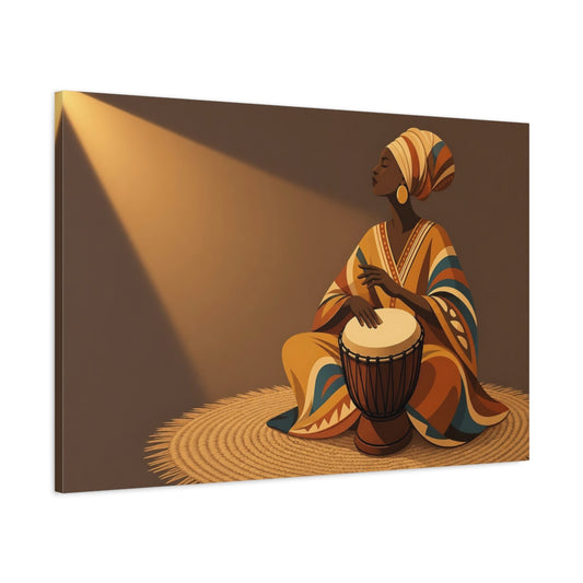 Main Mockup. Abstract Woman Drumming Brown And Orange shown as canvas print