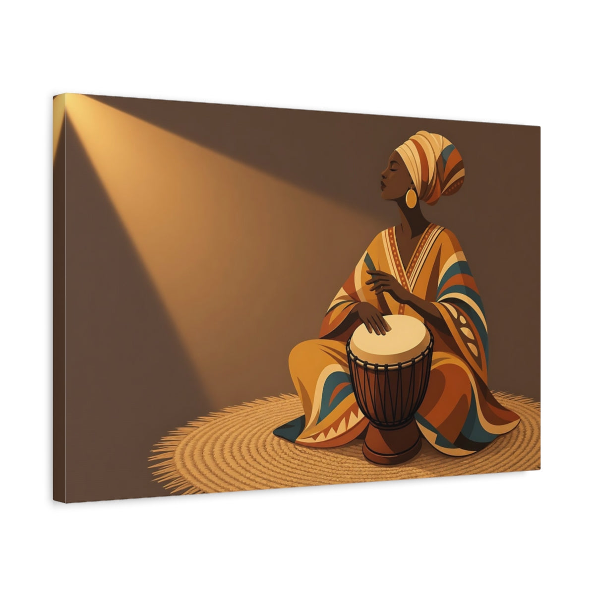 Side Mockup 3. Abstract Woman Drumming Brown And Orange shown as canvas print