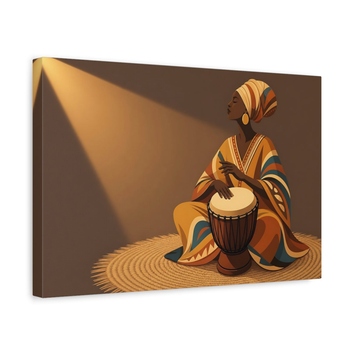 Side Mockup 4. Abstract Woman Drumming Brown And Orange shown as canvas print