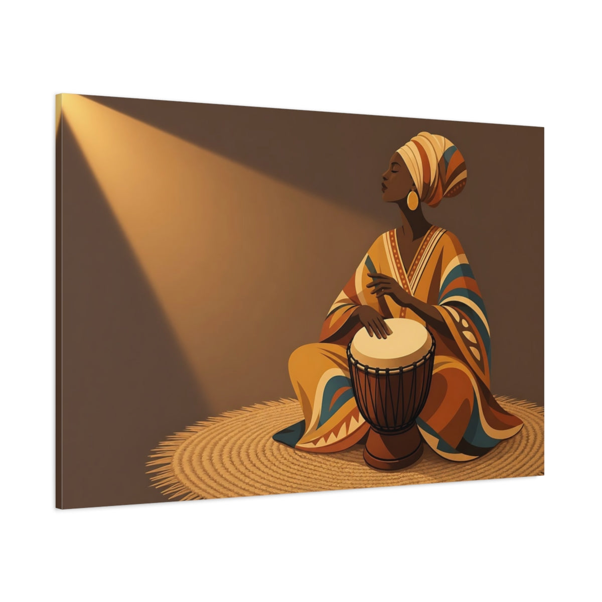 Side Mockup 1. Abstract Woman Drumming Brown And Orange shown as canvas print