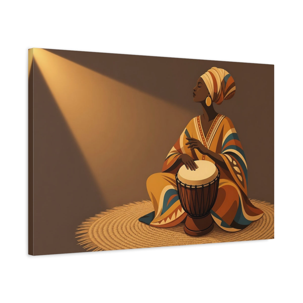 Side Mockup 2. Abstract Woman Drumming Brown And Orange shown as canvas print