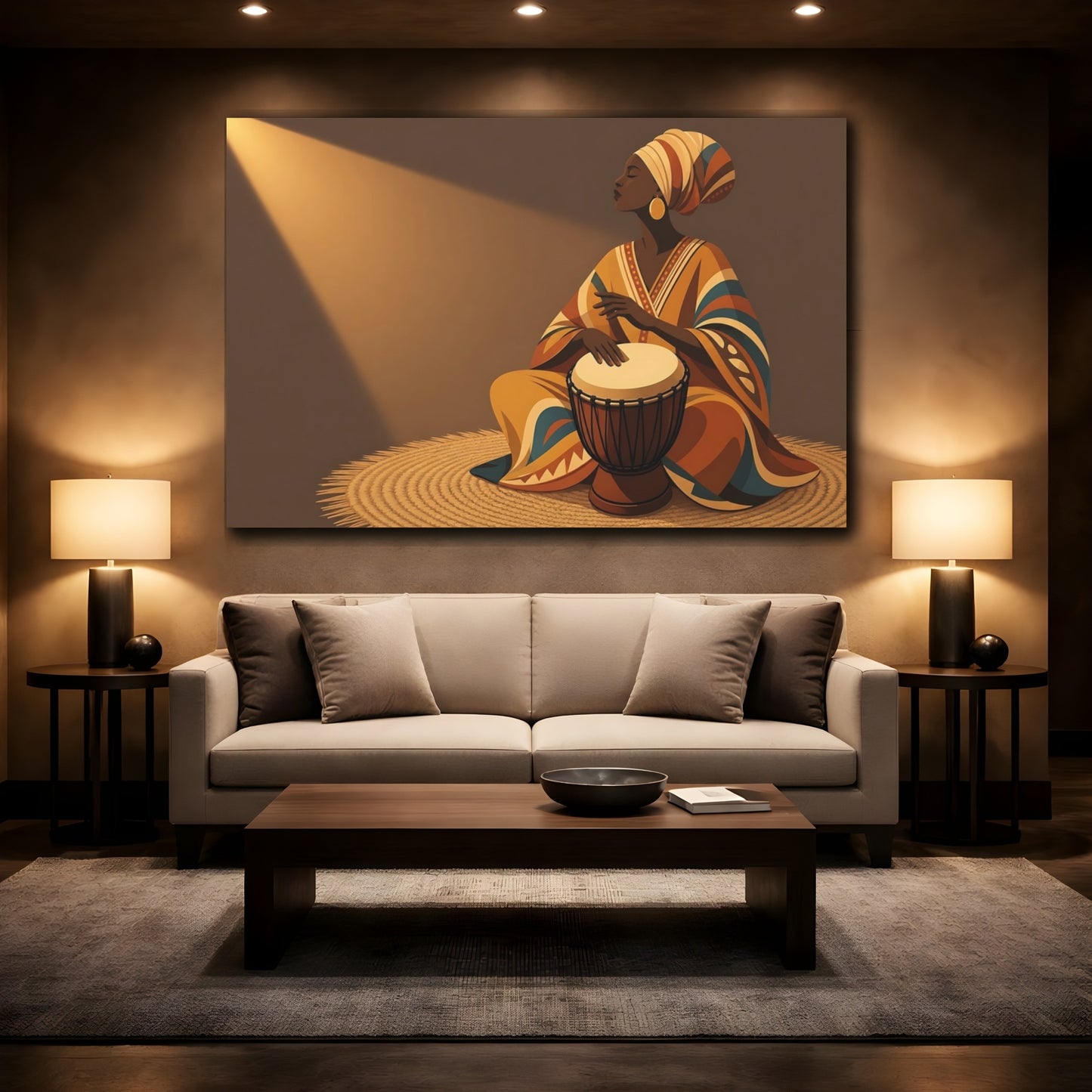 Mockup 2. Abstract Woman Drumming Brown And Orange shown as canvas print