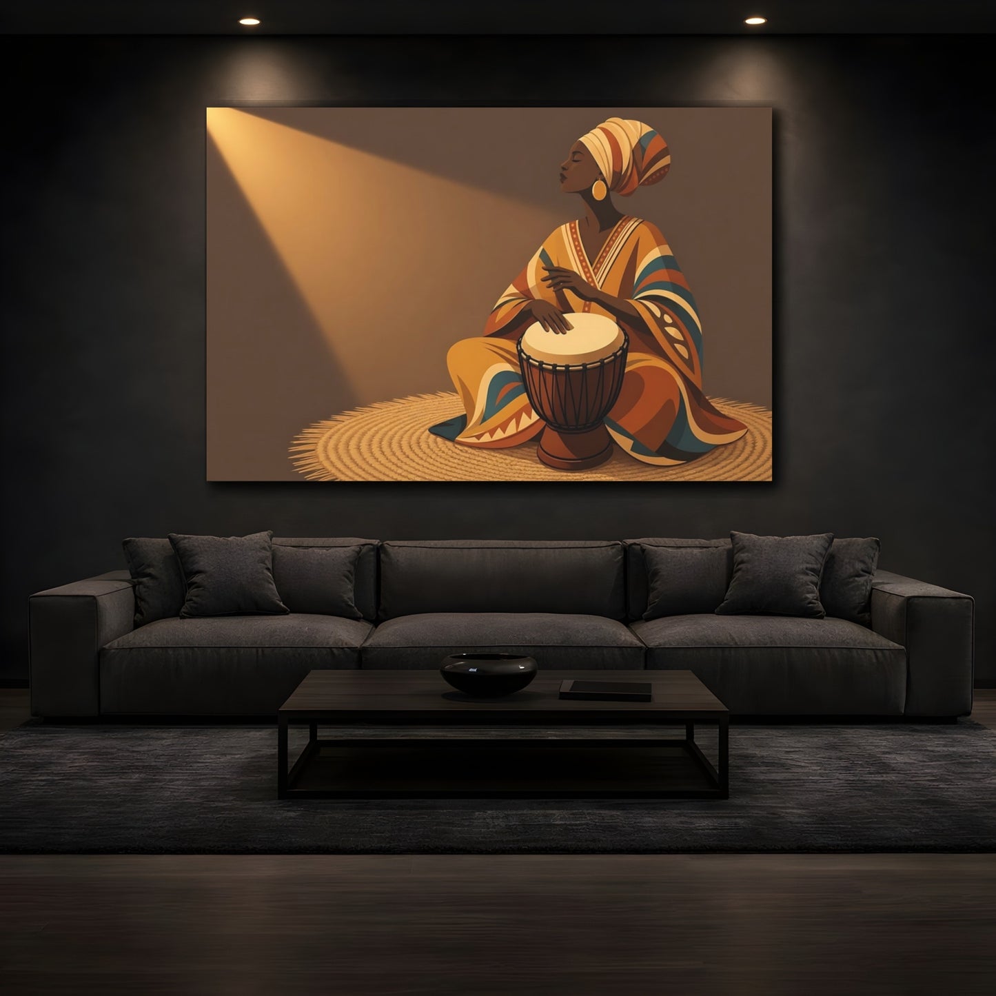 Mockup 3. Abstract Woman Drumming Brown And Orange shown as canvas print