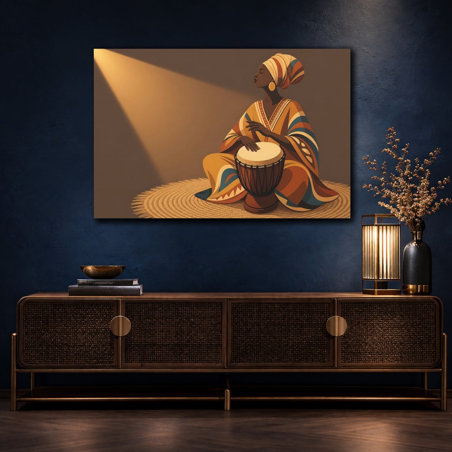Mockup 4. Abstract Woman Drumming Brown And Orange shown as canvas print