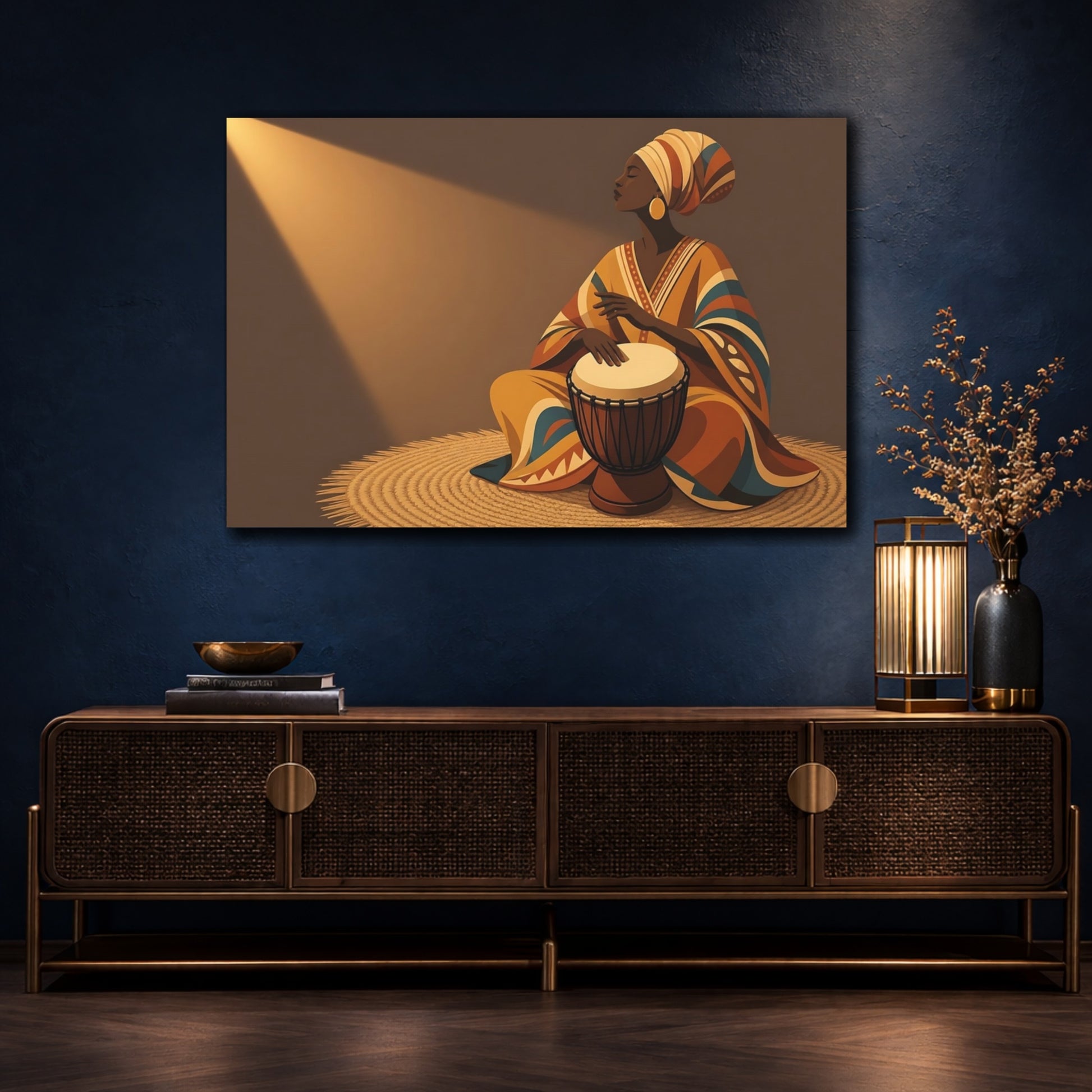 Mockup 4. Abstract Woman Drumming Brown And Orange shown as canvas print