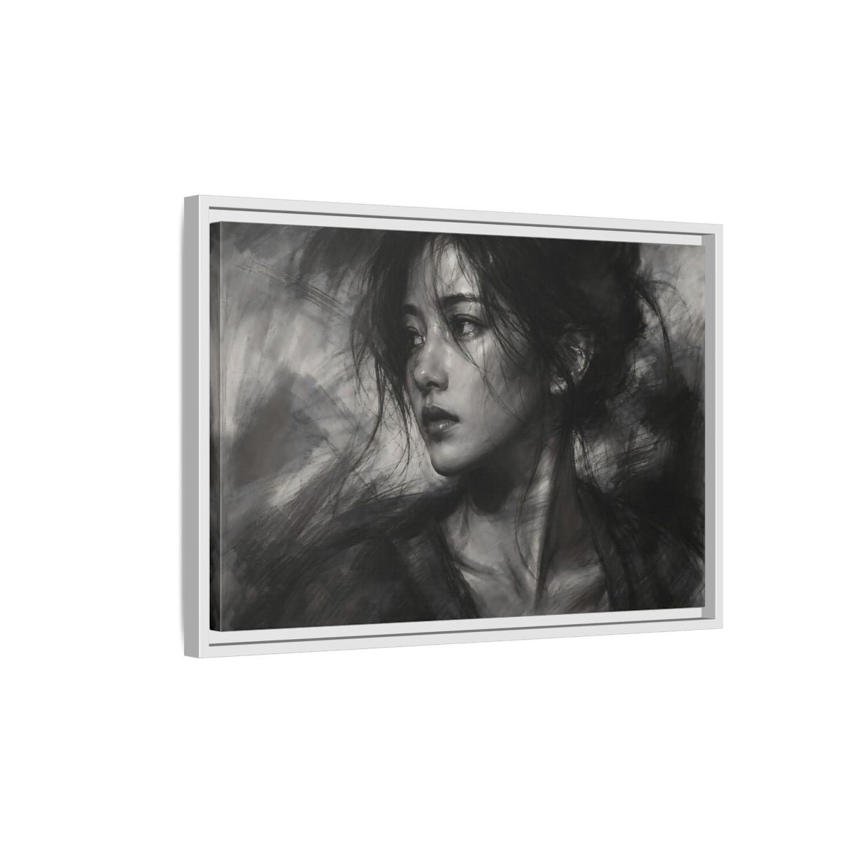 Side Mockup 1. Abstract Woman Monochrome Woman Portrait shown as stretched canvas wall art