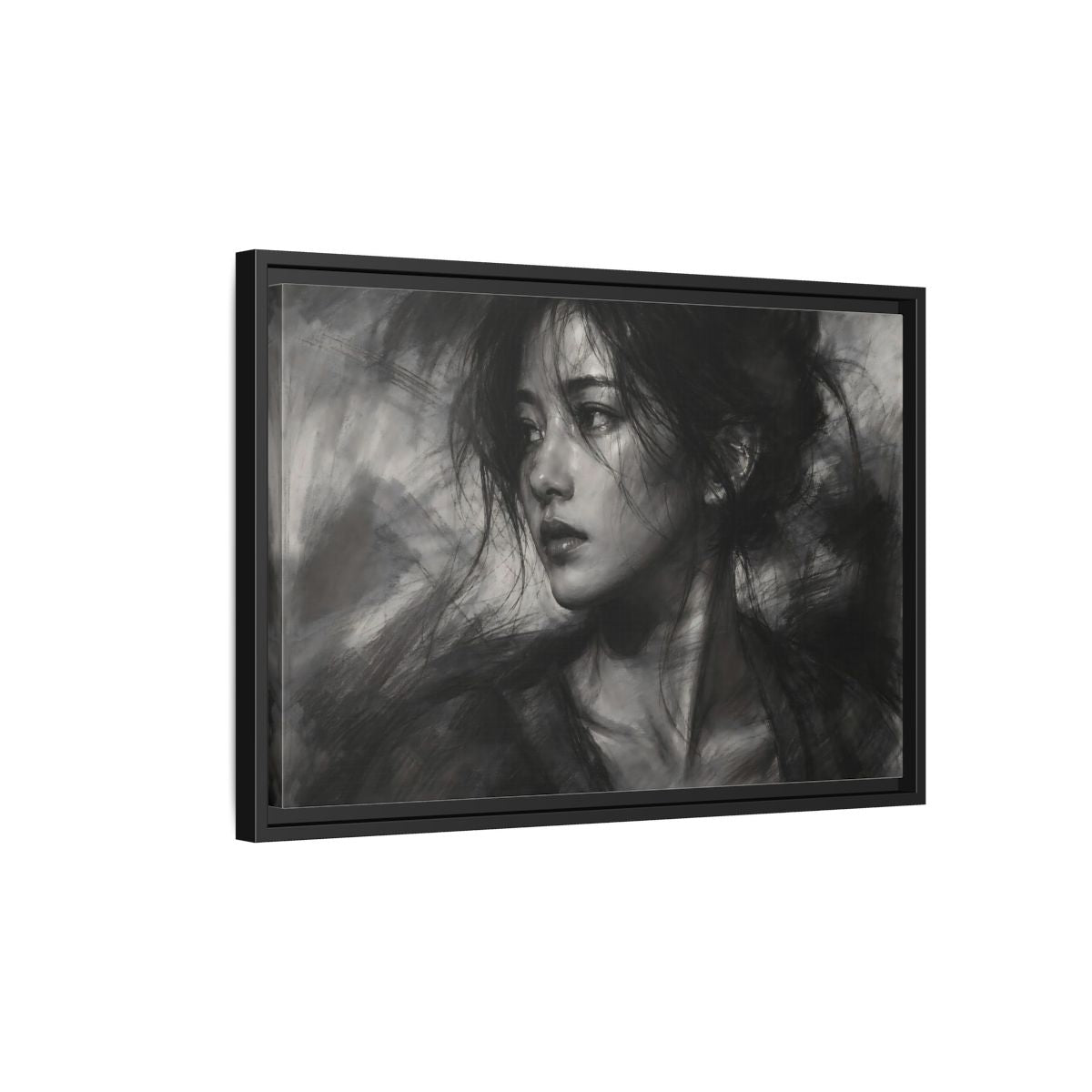 Side Mockup 3. Abstract Woman Monochrome Woman Portrait shown as stretched canvas wall art