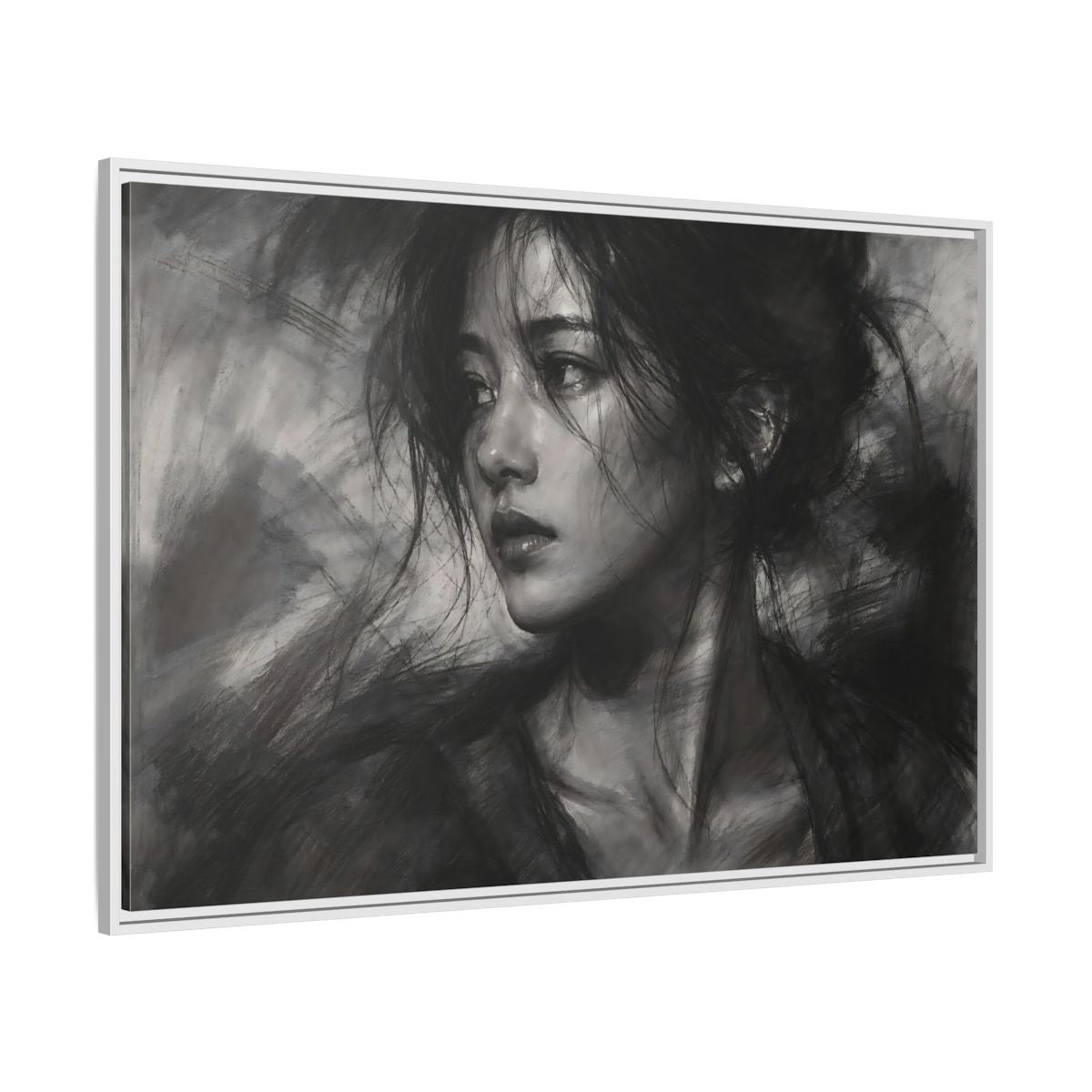 Side Mockup 7. Abstract Woman Monochrome Woman Portrait shown as stretched canvas wall art
