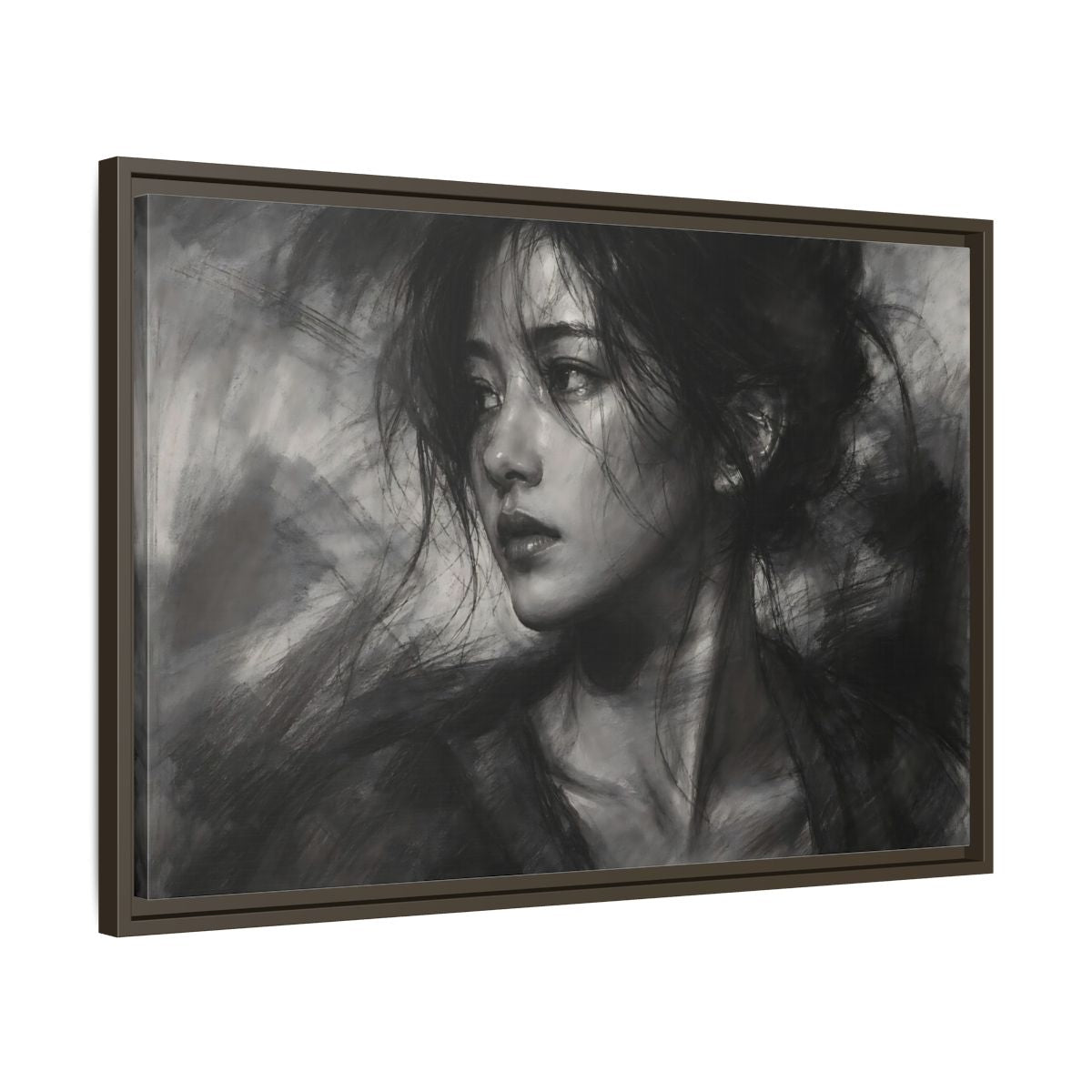 Side Mockup 11. Abstract Woman Monochrome Woman Portrait shown as stretched canvas wall art