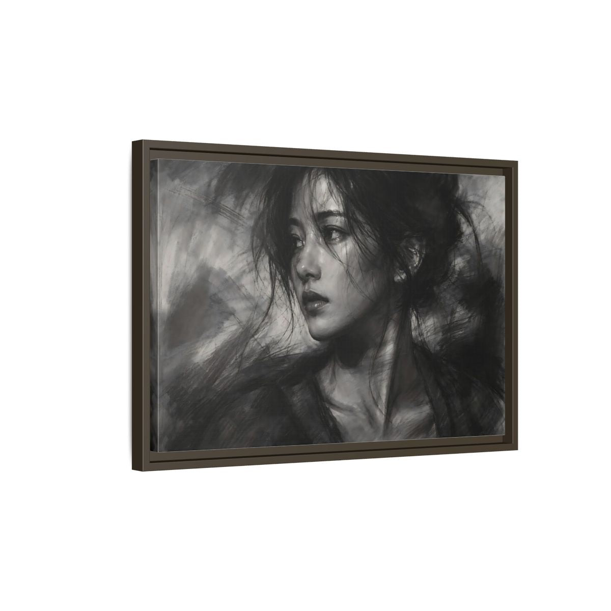 Side Mockup 2. Abstract Woman Monochrome Woman Portrait shown as stretched canvas wall art