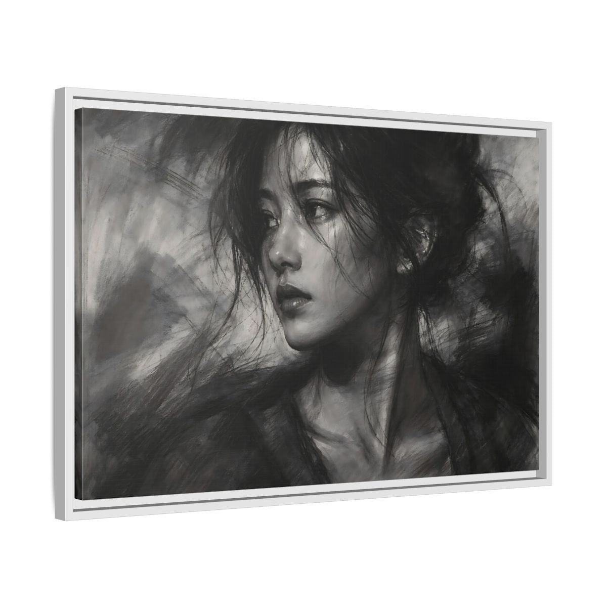 Side Mockup 10. Abstract Woman Monochrome Woman Portrait shown as stretched canvas wall art