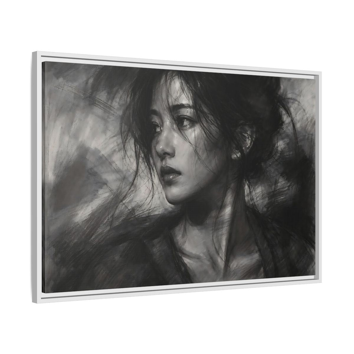 Side Mockup 9. Abstract Woman Monochrome Woman Portrait shown as stretched canvas wall art