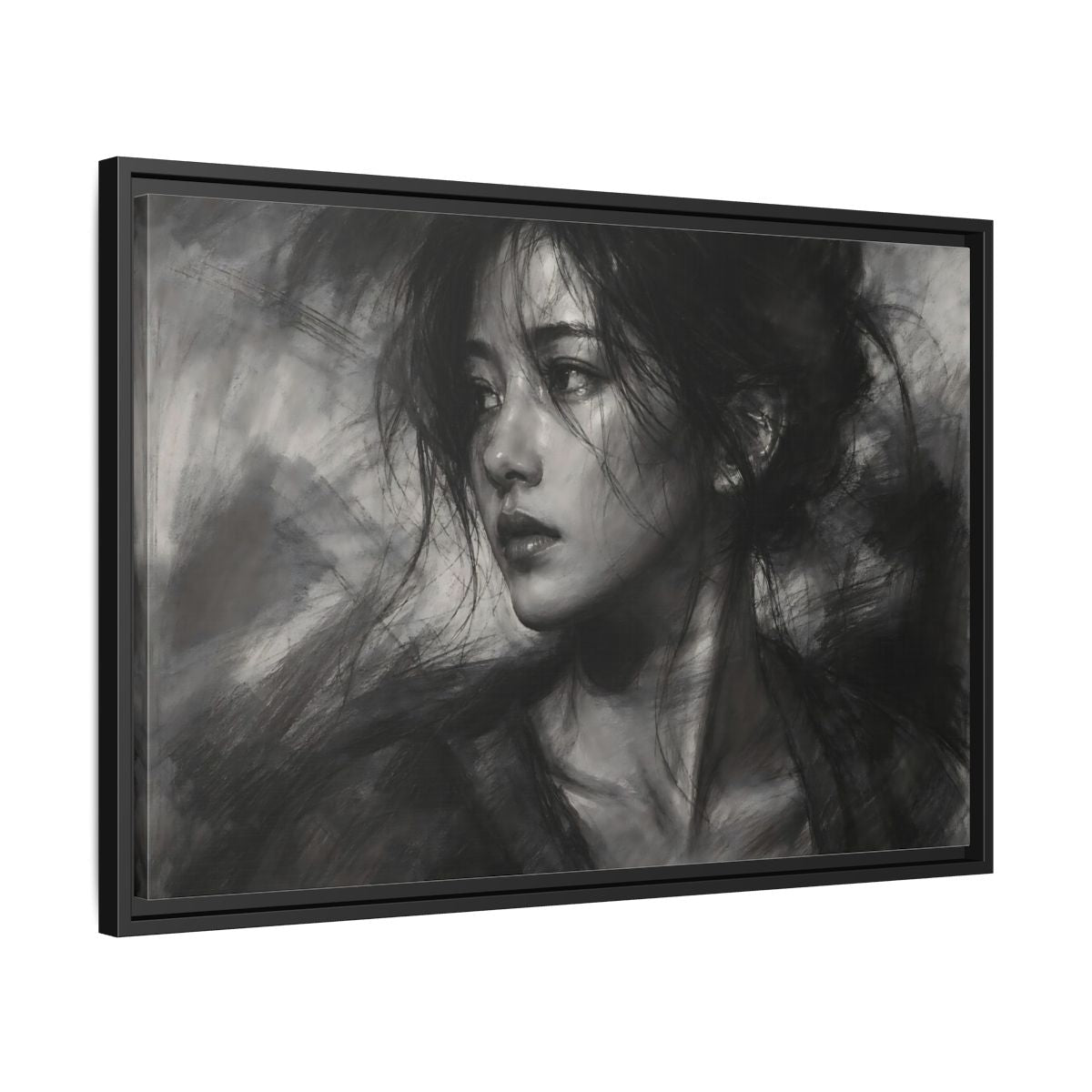 Side Mockup 14. Abstract Woman Monochrome Woman Portrait shown as stretched canvas wall art