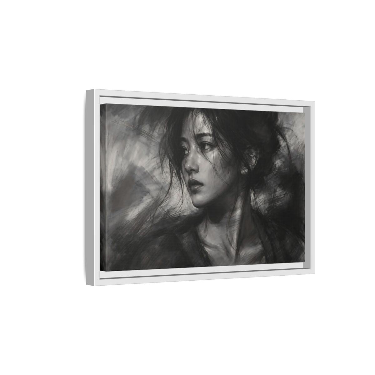Side Mockup 4. Abstract Woman Monochrome Woman Portrait shown as stretched canvas wall art