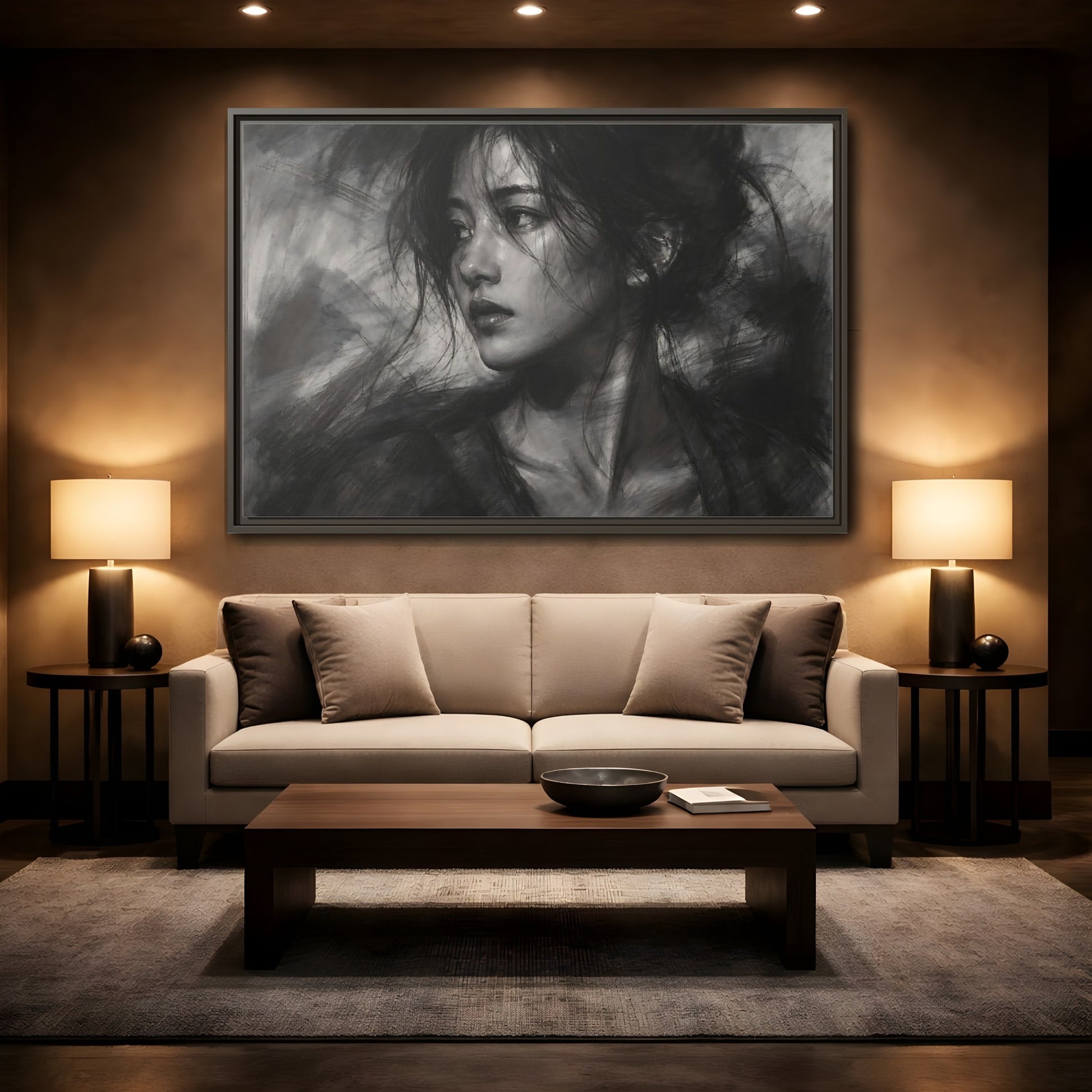 Mockup 2. Abstract Woman Monochrome Woman Portrait shown as stretched canvas wall art