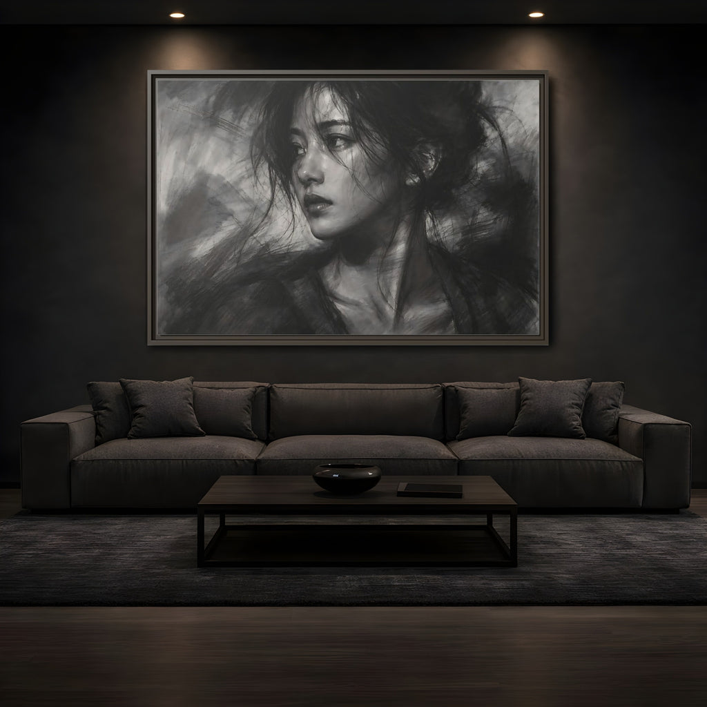 Mockup 3. Abstract Woman Monochrome Woman Portrait shown as stretched canvas wall art