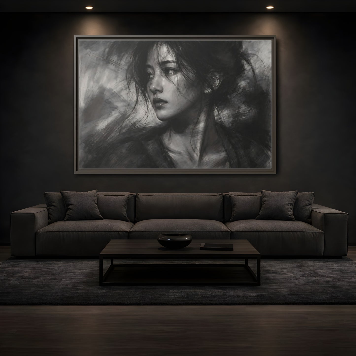 Mockup 3. Abstract Woman Monochrome Woman Portrait shown as stretched canvas wall art