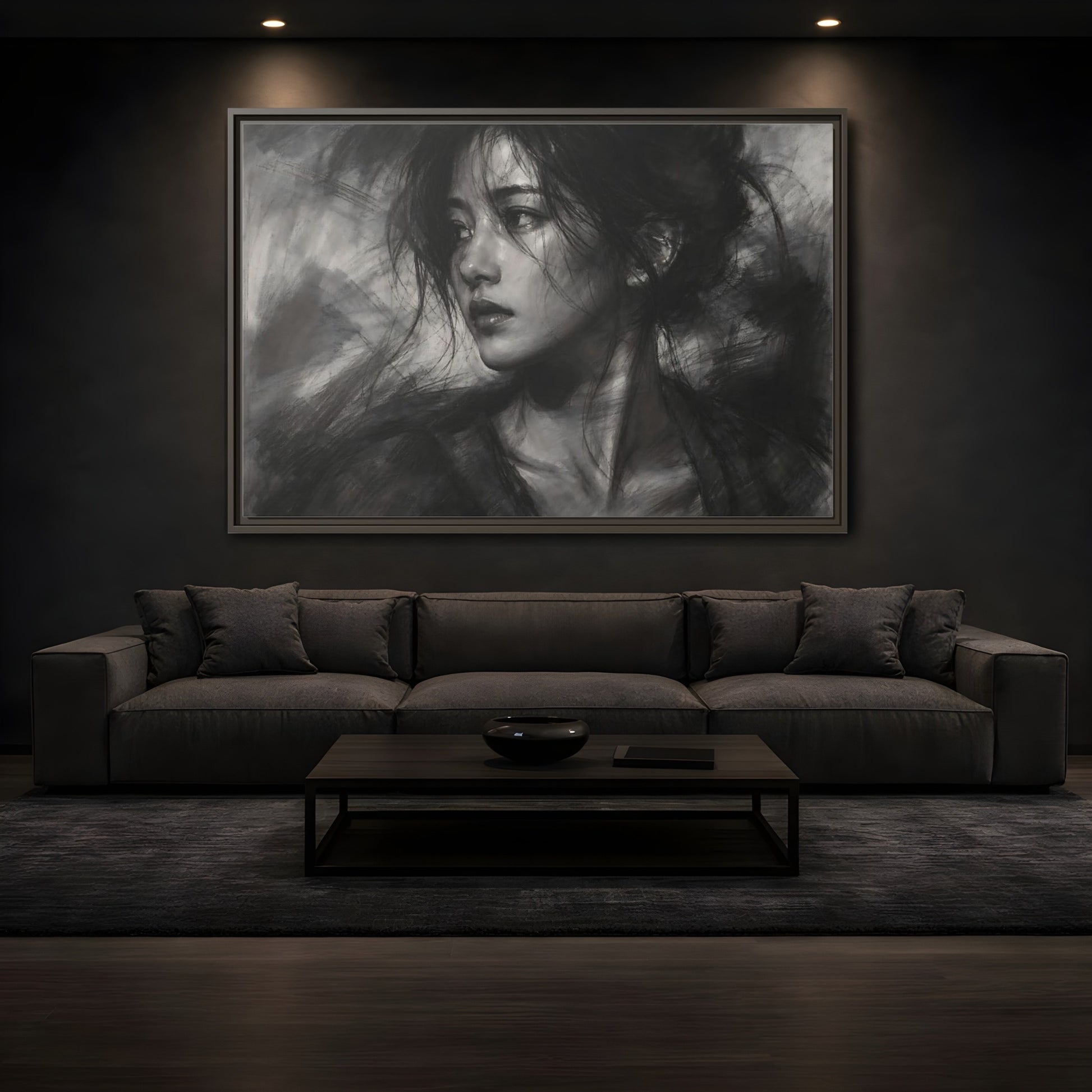 Mockup 3. Abstract Woman Monochrome Woman Portrait shown as stretched canvas wall art