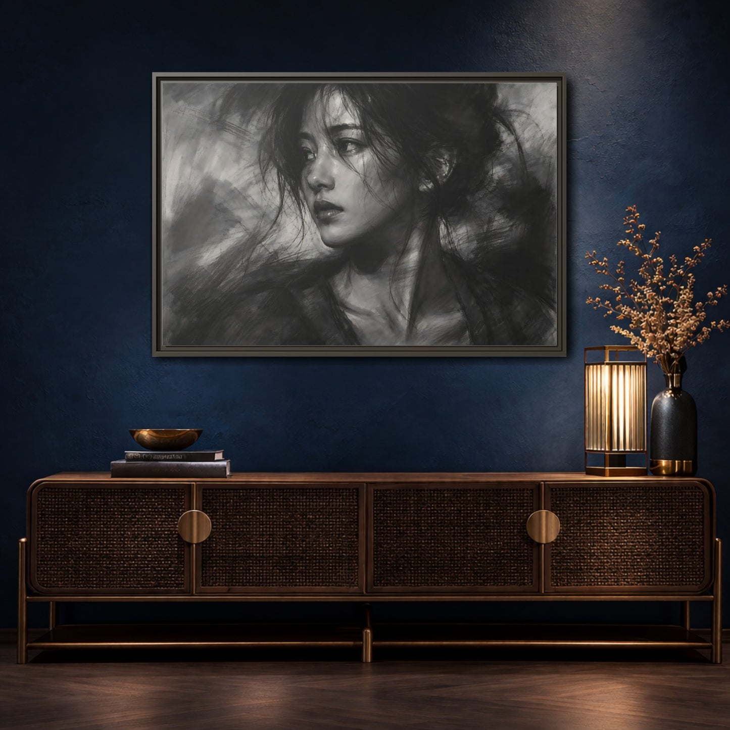 Mockup 4. Abstract Woman Monochrome Woman Portrait shown as stretched canvas wall art