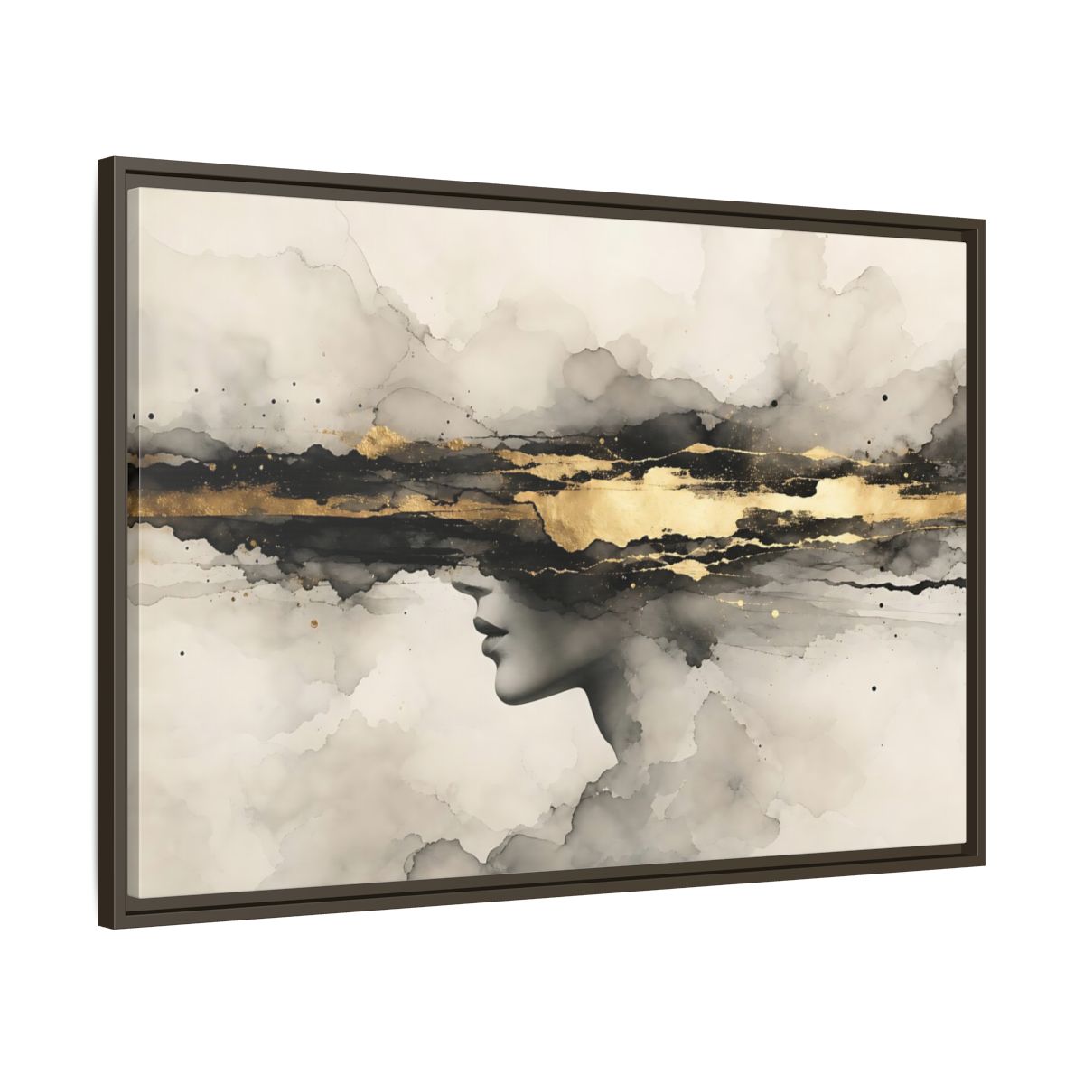 Main Mockup. Abstract Woman Profile Black Gold Abstract shown as stretched canvas wall art