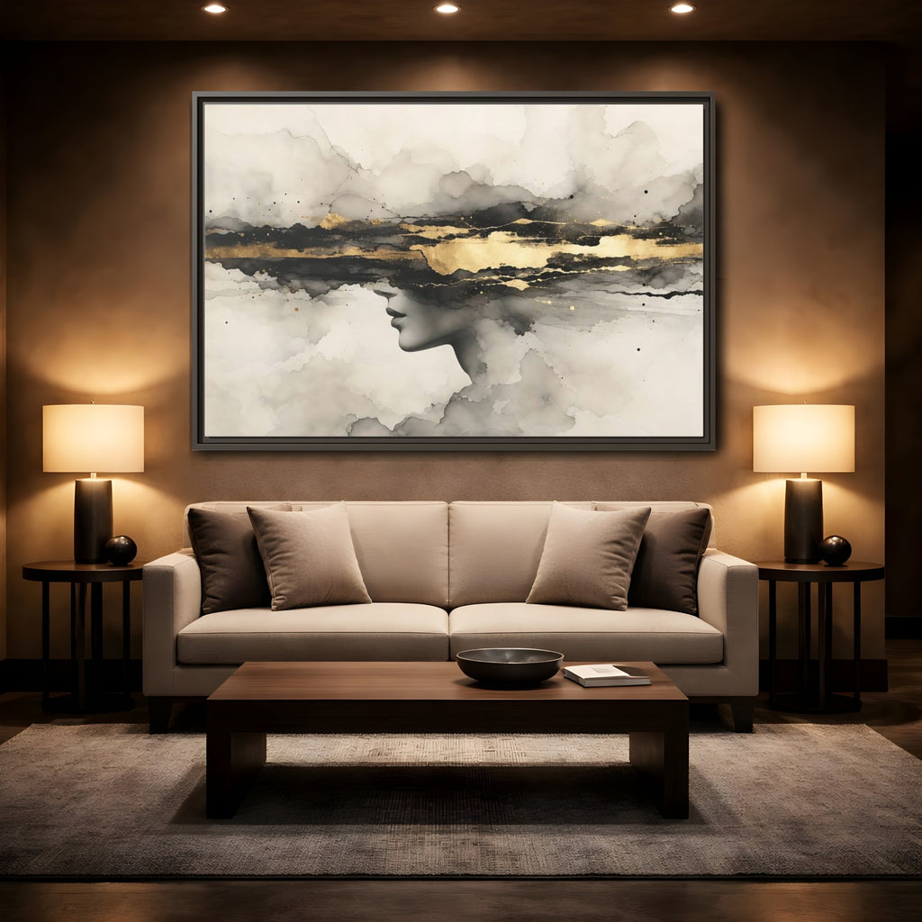 Mockup 2. Abstract Woman Profile Black Gold Abstract shown as stretched canvas wall art