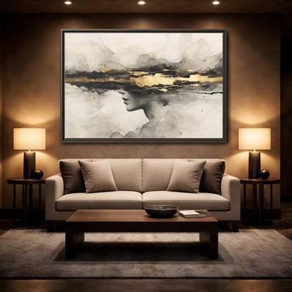 Mockup 2. Abstract Woman Profile Black Gold Abstract shown as stretched canvas wall art