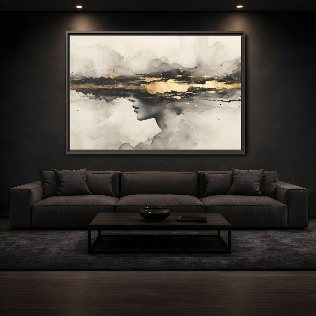 Mockup 3. Abstract Woman Profile Black Gold Abstract shown as stretched canvas wall art