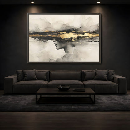 Mockup 3. Abstract Woman Profile Black Gold Abstract shown as stretched canvas wall art