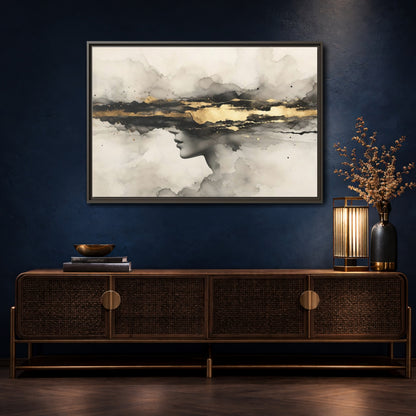 Mockup 4. Abstract Woman Profile Black Gold Abstract shown as stretched canvas wall art