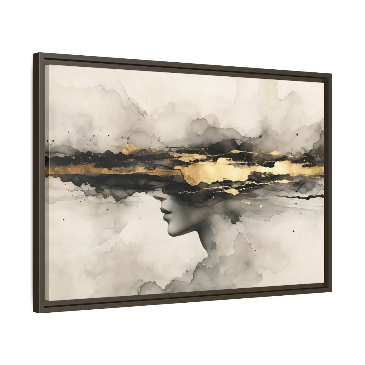 Side Mockup 11. Abstract Woman Profile Black Gold Abstract shown as stretched canvas wall art