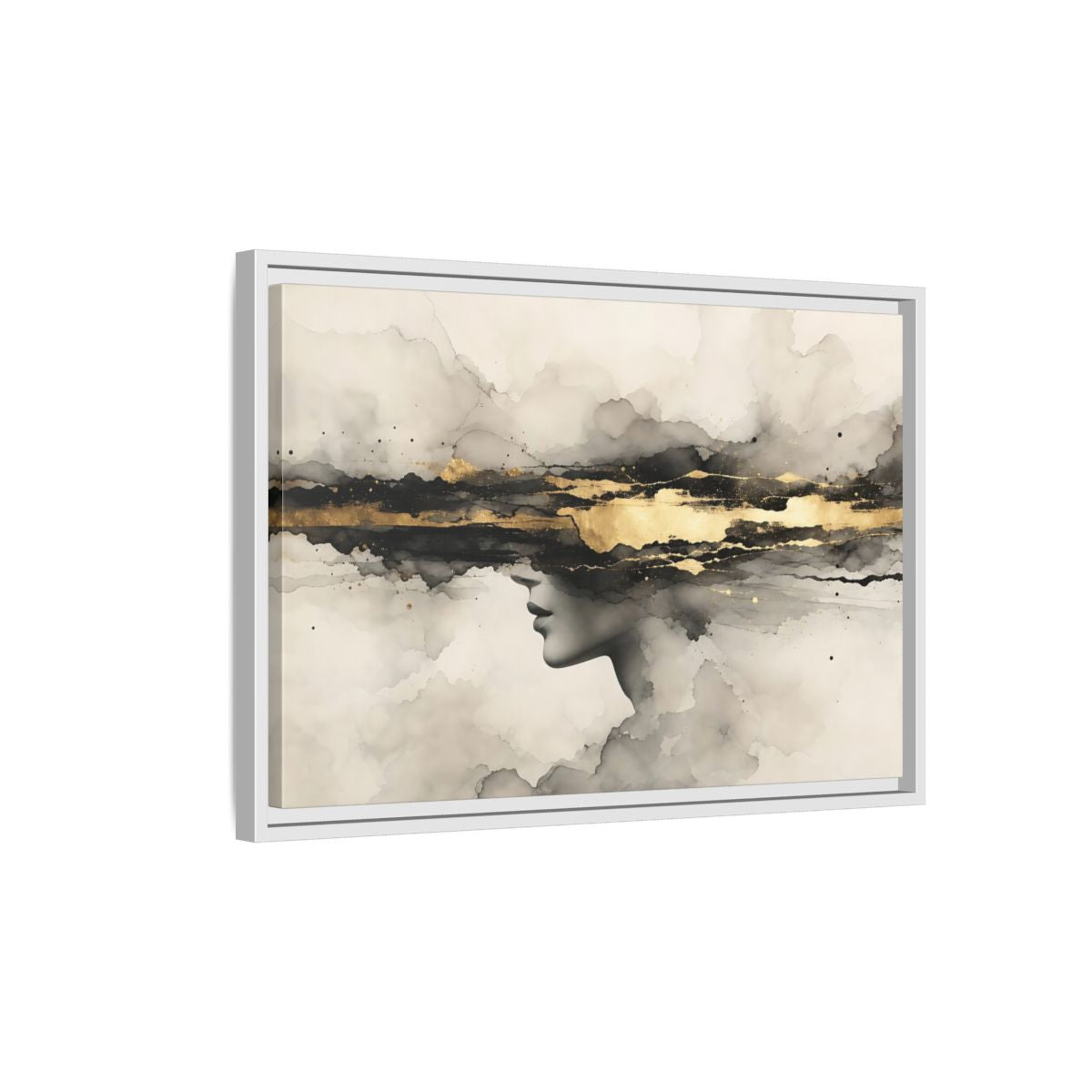 Side Mockup 1. Abstract Woman Profile Black Gold Abstract shown as stretched canvas wall art