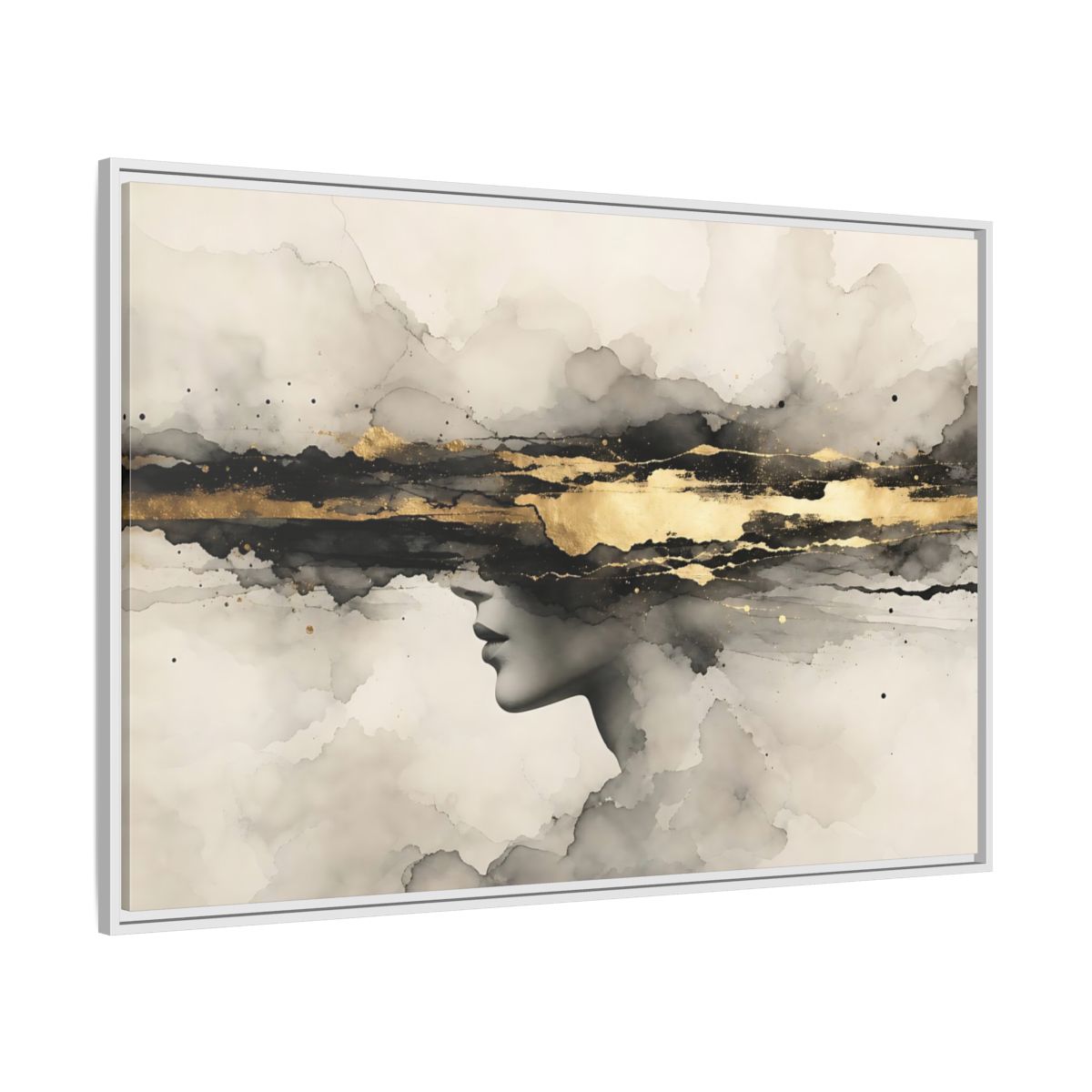 Side Mockup 7. Abstract Woman Profile Black Gold Abstract shown as stretched canvas wall art