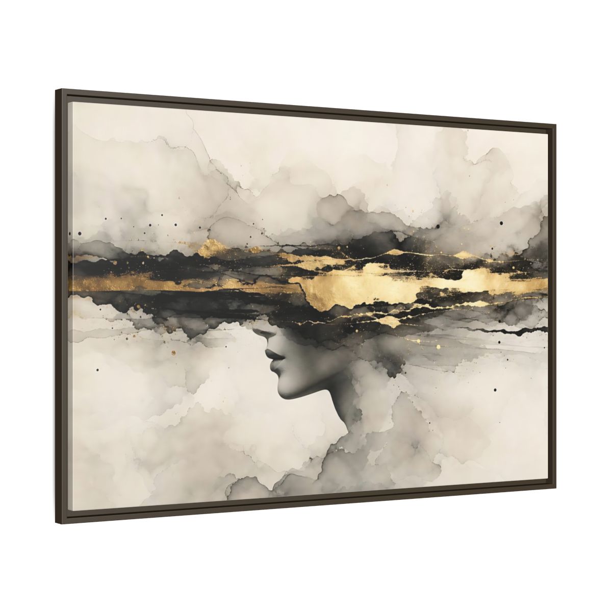 Side Mockup 8. Abstract Woman Profile Black Gold Abstract shown as stretched canvas wall art