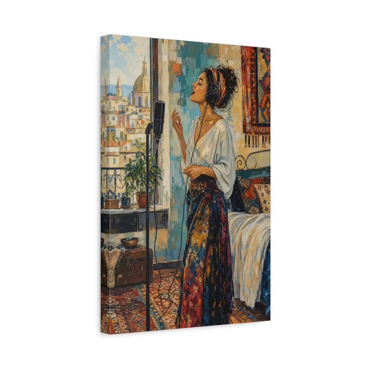 Side Mockup 4. Abstract Woman Singing Bohemian Woman shown as canvas print