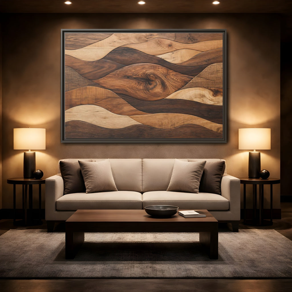 Mockup 2. Abstract Wood Grain Brown Wood Pattern shown as stretched canvas wall art