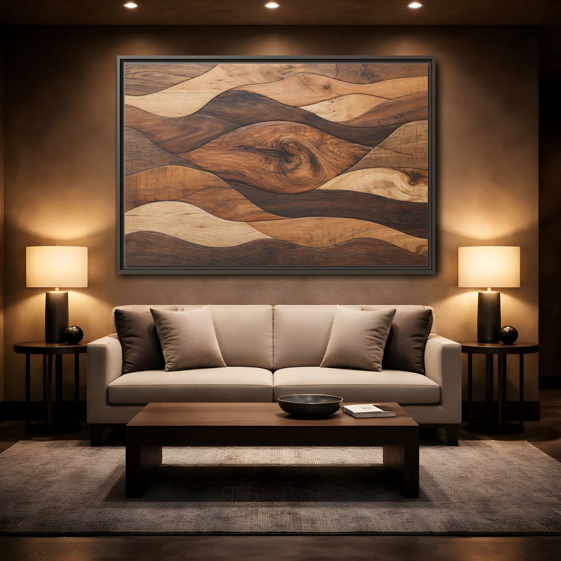 Mockup 2. Abstract Wood Grain Brown Wood Pattern shown as stretched canvas wall art