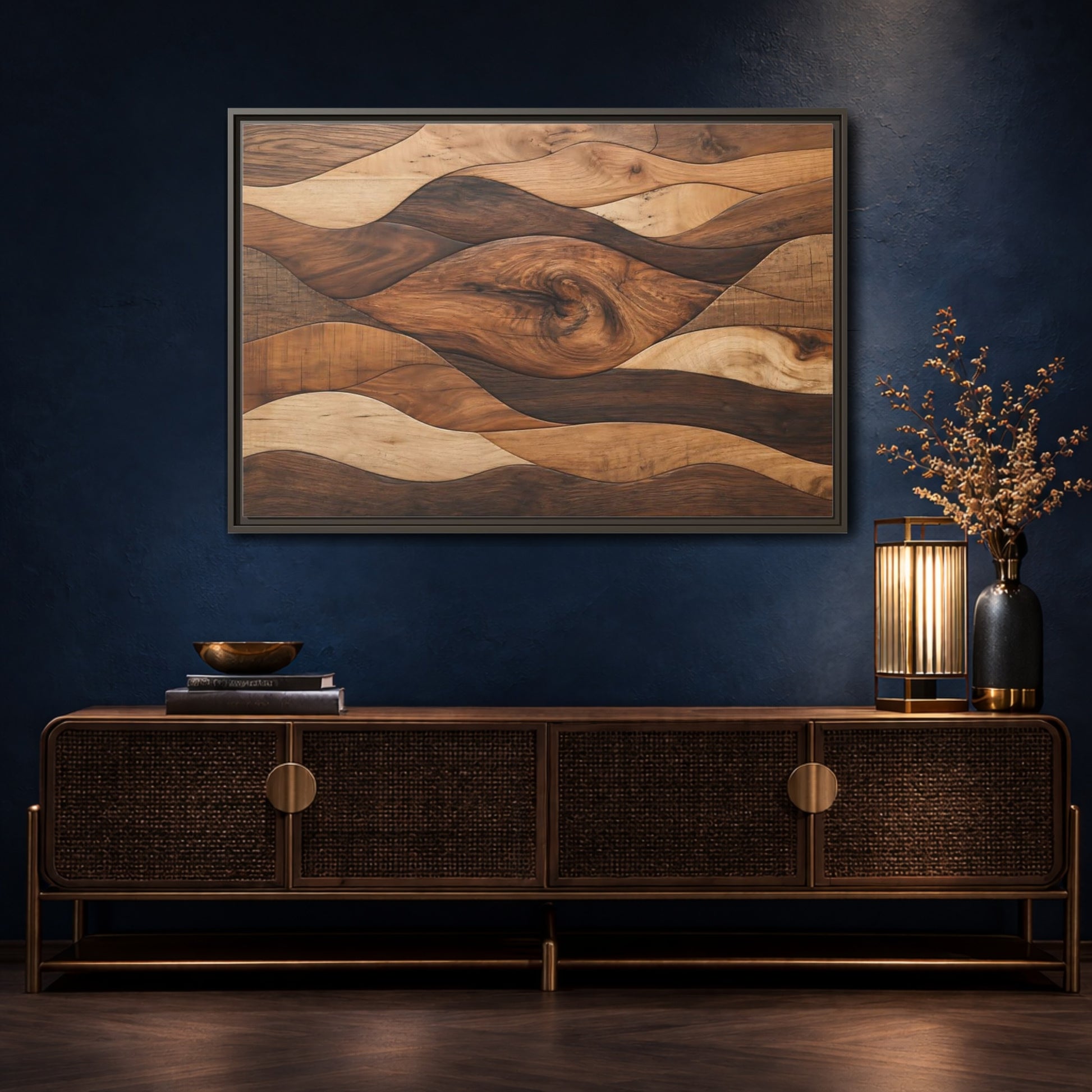 Mockup 4. Abstract Wood Grain Brown Wood Pattern shown as stretched canvas wall art