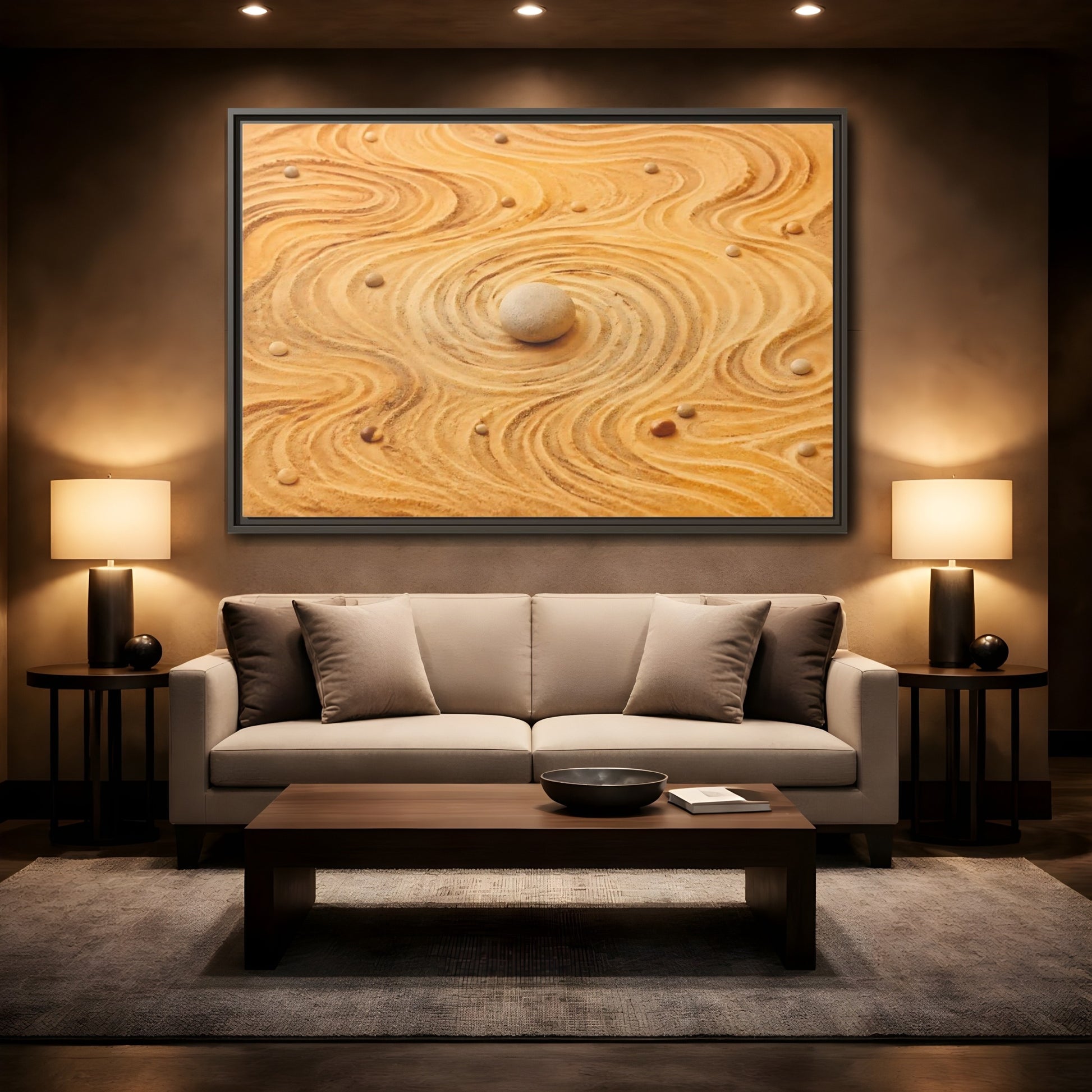 Mockup 2. Abstract Zen Garden Zen Sand Art shown as stretched canvas wall art