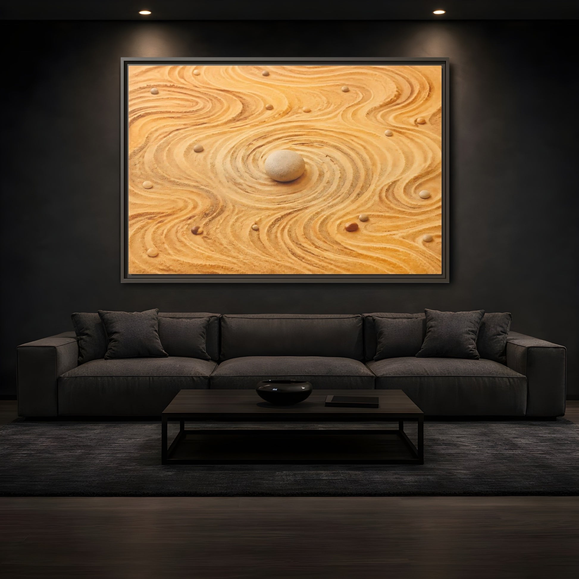 Mockup 3. Abstract Zen Garden Zen Sand Art shown as stretched canvas wall art